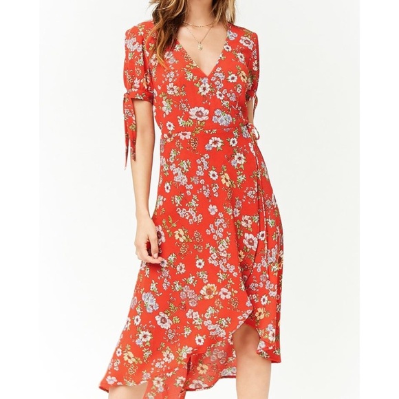 Forever 21 floral surplice wrap midi dress - Picture 2 of 11